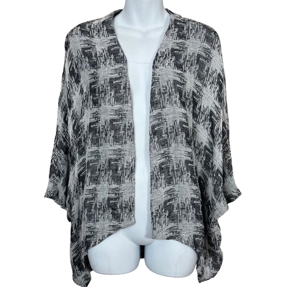 Yushi Gray Black Abstract Linen Blend‎ Lagenlook Lightweight Cardigan Size M